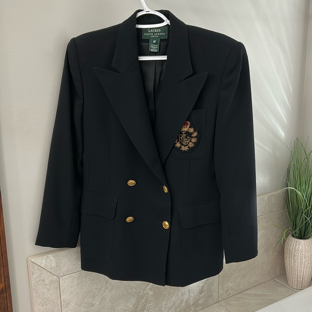 Ralph Lauren Black Double Breasted Vintage Blazer with Monogram crest.